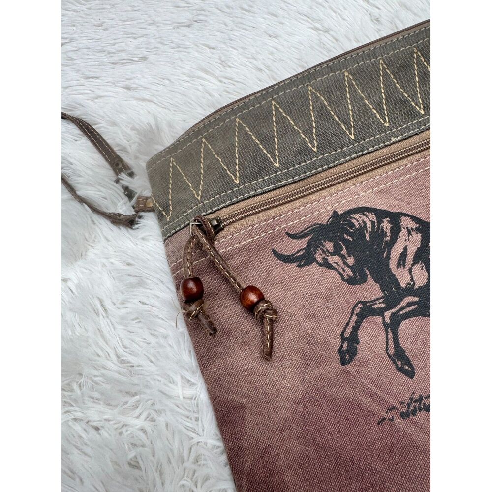 Myra Bag Upcycled Canvas Leather Wristlet Clutch 1877 Bull Print Western
